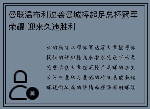曼联温布利逆袭曼城捧起足总杯冠军荣耀 迎来久违胜利
